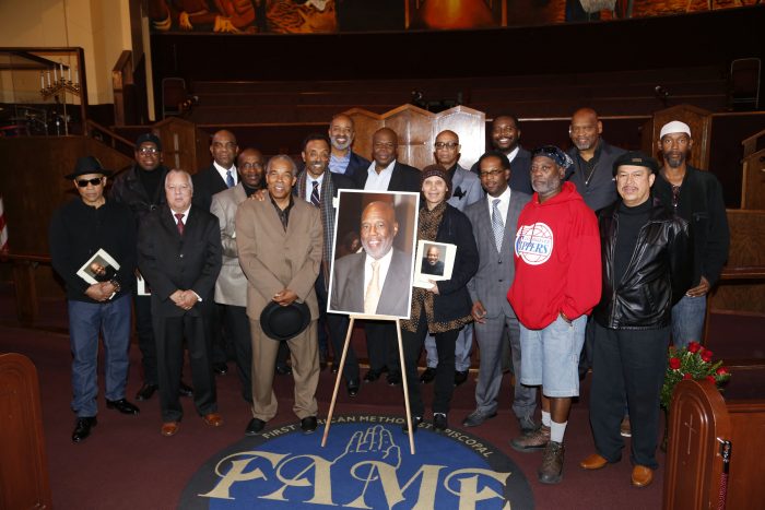 L.A. black photographers and cinematographers with Bingham’s photo. (Photo by Valerie Goodloe)