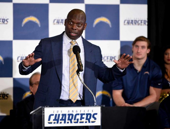 Los Angeles Chargers head coach Anthony Lynn speaks to the crowd to introduce the Los Angeles Chargers to the Los Angeles area during an NFL football news conference in Inglewood, Calif., Wednesday, Jan. 18, 2017 (Kelvin Kuo/ AP Photo)