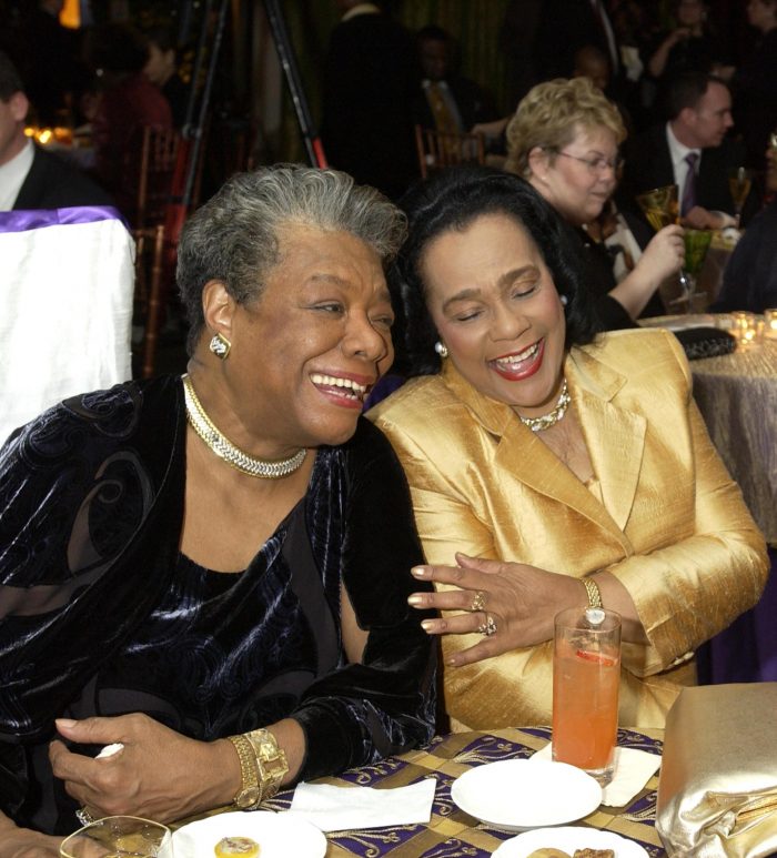 Two powerful women in civil rights movement sit and laugh together, as Maya Angelou and Coret-ta  Scott  King  attend  the  ‘Maya  Angelou  Life  Mo-saic ‘ Collection by Hallmark in New York, New York (KMAZUR, Wire Images)