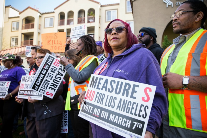 Members of the Service Employees International Union show their opposition to Measure S at a Crenshaw Boulevard press conference (Photo by Jon Endow)