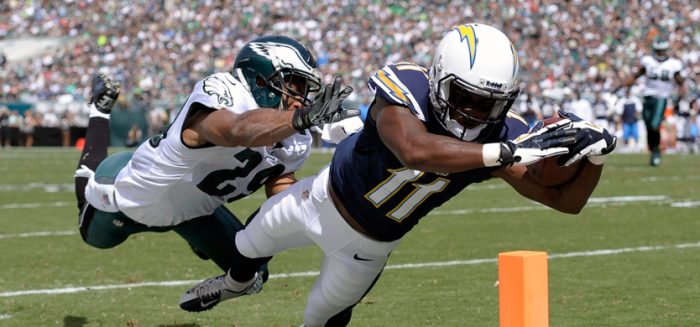 San Diego Chargers' Eddie Royal, right, dives for a touchdown as Philadelphia Eagles' Nate Allen defends during the first half of an NFL football game on Sunday, Sept. 15, 2013, in Philadelphia. (AP Photo/Michael Perez)