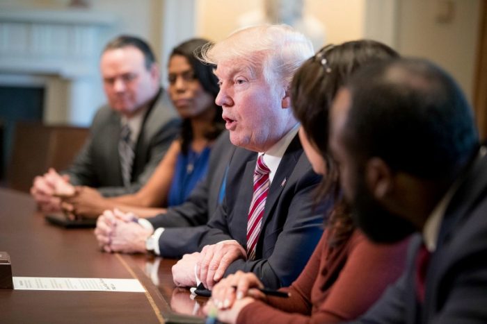 President Donald Trump meets with members of the Congressional Black Caucus in the Cabinet Room of the White House in Washington, Wednesday, March 22, 2017. (AP Photo/Andrew Harnik) 