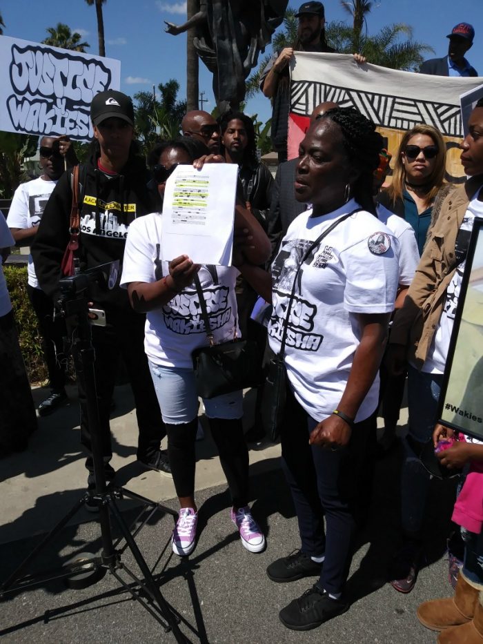 Wakiesha Wilson's mother Lisa Hines addresses reporters during rally on March 27 in Watts. (Photo by Christopher X/In the Works Media) 