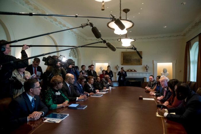 President Donald Trump meets with members of the Congressional Black Caucus in the Cabinet Room of the White House in Washington, Wednesday, March 22, 2017. From left are, Rep. Anthony Brown, D-Va., Rep. Brenda Lawrence, D-Mich., Rep. Andre Carson, D-Ind., Congressional Black Caucus Chairman Rep. Cedric Richmond, D-La.,Rep. Karen Bass, D-Calif., Rep. Gwen Moore, D-Wis., and House Assistant Minority Leader Jim Clyburn of S.C. (AP Photo/Andrew Harnik) 