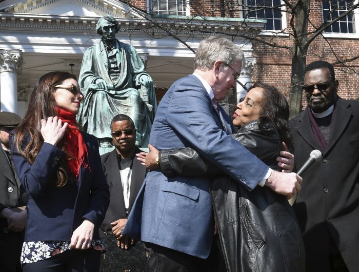 Lynne Jackson, a descendant of Dred Scott, right, hugs Charles Taney III, a descendant of U.S. Supreme Court Chief Justice Roger Taney on the 160th anniversary of the Dred Scott decision in front of the Maryland State House, Monday, March 6, 2017, in Annapolis, Md. On March 6, 1857, the U.S. Supreme Court, in Dred Scott v. Sandford, ruled 7-2 that Scott, a slave, was not an American citizen and therefore could not sue for his freedom in federal court. (Kenneth K. Lam/The Baltimore Sun via AP)