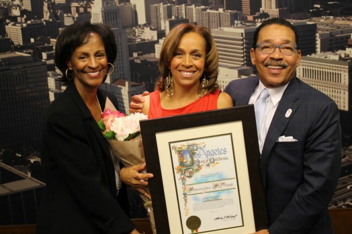  (l to r) KJLH-FM General Manager Karen Slade, host Dominique DiPrima and Los Angeles Council President Herb Wesson Fri. Mar. 31 at Los Angeles city hall.  